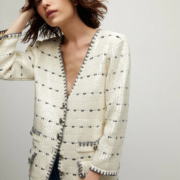 Veronica Beard Sweaters - Veronica Beard Ceriani Sequined Knit Jacket Cream Tweed Jacket Cardigan size M